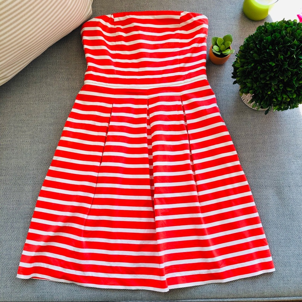 Lee Sateen strapless coral stripe dress